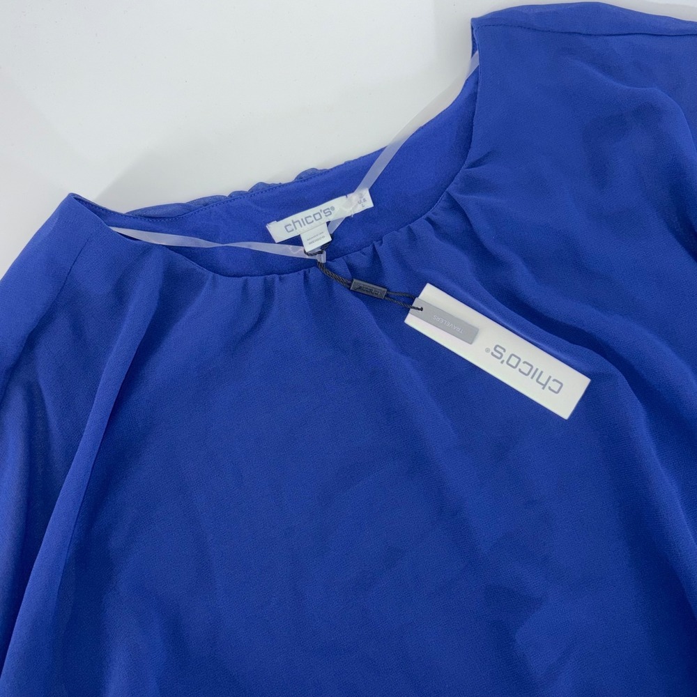 Chico's Travelers Blue Casa Chiffon Bubble Hem Top Split Sleeve Size 2 Large